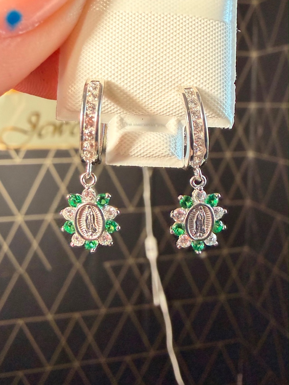 Silver Green Crystal Virgin Mary Drop Earrings